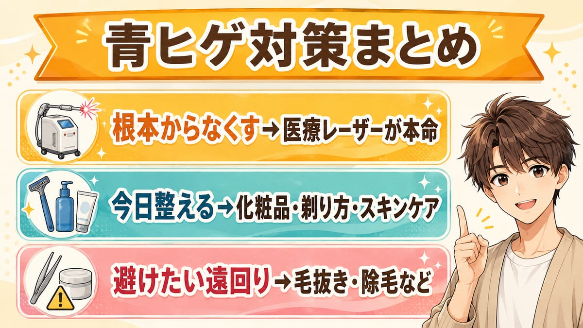 青ヒゲ対策まとめ(根本は医療レーザー・今日整えるは化粧品や剃り方・避けたい遠回り)の見出し画像