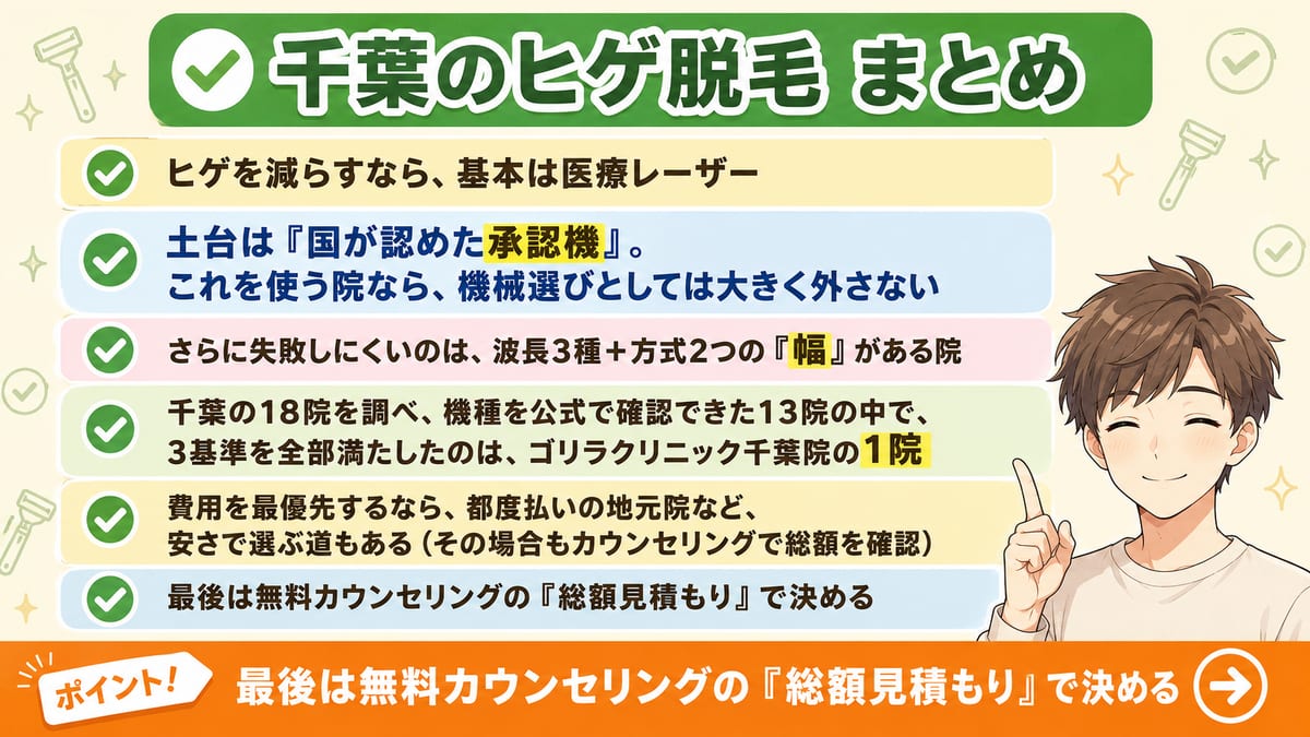 千葉のヒゲ脱毛は承認機で選びゴリラクリニック千葉院が残る、最後は総額見積もりで決める要点のまとめ図