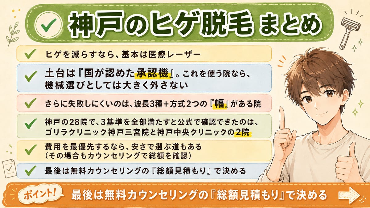 神戸のヒゲ脱毛は承認機で選びゴリラ神戸三宮院と神戸中央クリニックの2院が残る、最後は総額見積もりで決める要点のまとめ図