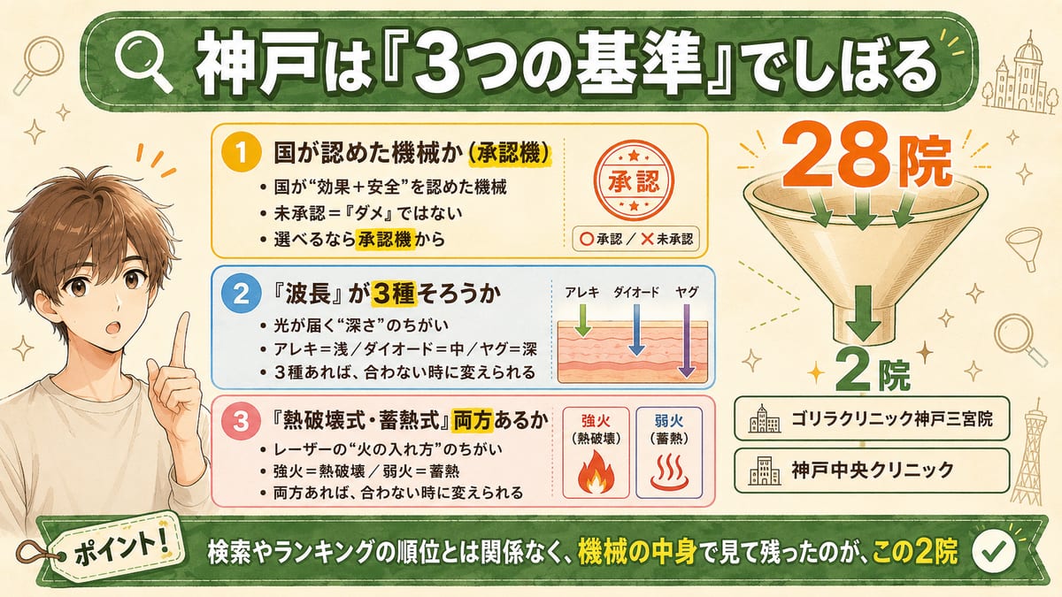 承認機・波長3種（アレキ/ダイオード/ヤグ）・方式2つの3基準で神戸の28院をしぼり、2院が残る流れの図