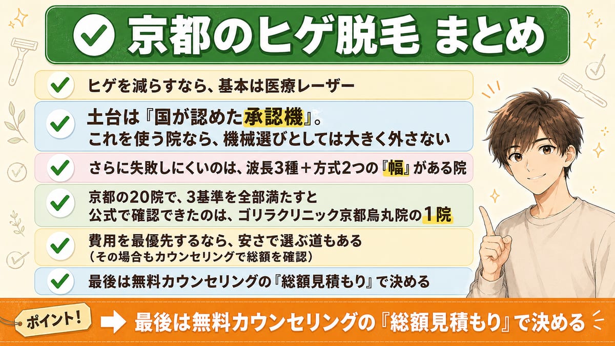 京都のヒゲ脱毛は承認機で選びゴリラクリニック京都烏丸院が残る、最後は総額見積もりで決める要点のまとめ図