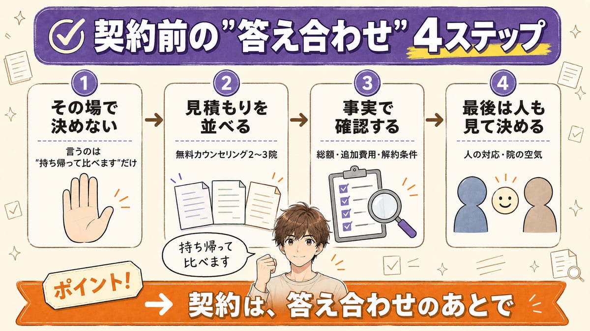 その場で決めない・見積もりを並べる・事実で確認する・最後は人も見て決める、というヒゲ脱毛の契約前の答え合わせ4ステップの見出し画像