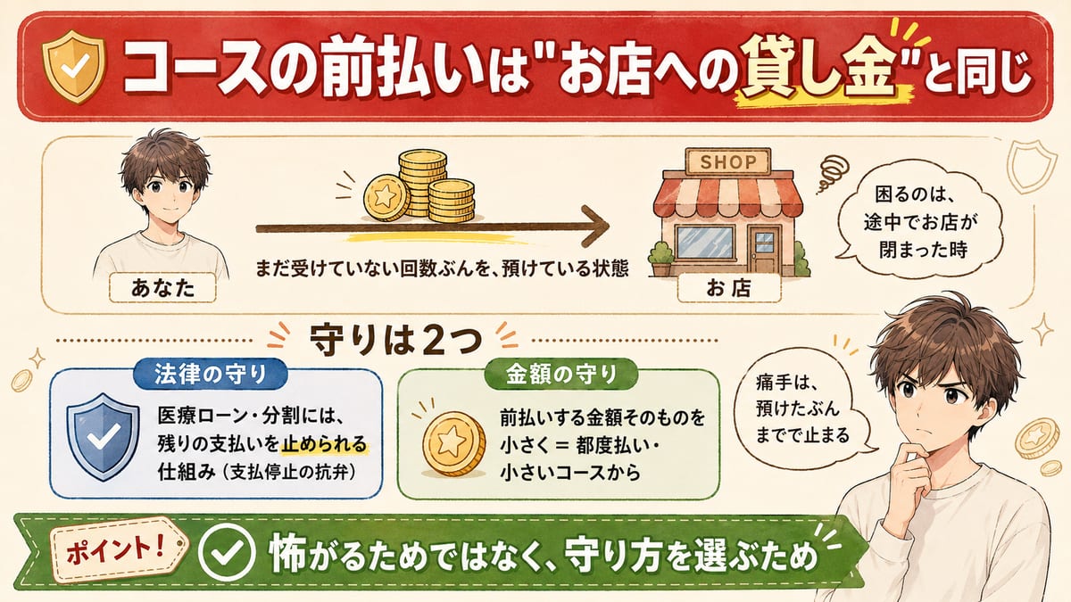 コースの前払いはお店への貸し金と同じ構図で、法律の守りと金額の守りの2つがあることを示す見出し画像