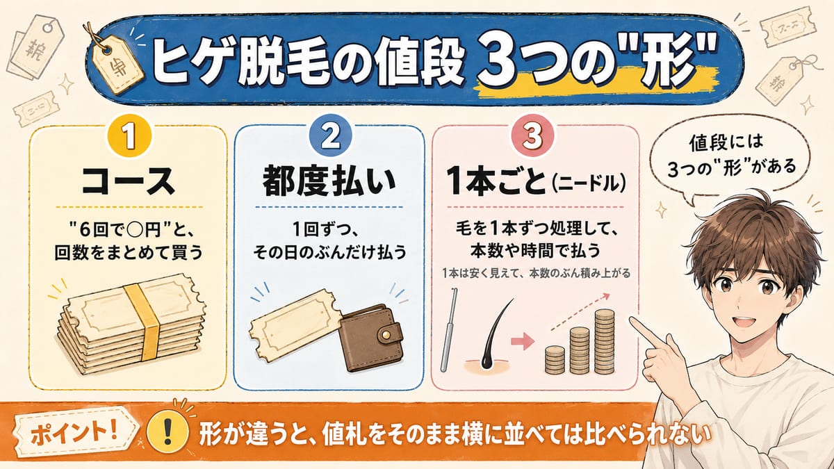 ヒゲ脱毛の値段の3つの形（コースでまとめて買う・都度払い・ニードルで1本ごと）を比べた図解