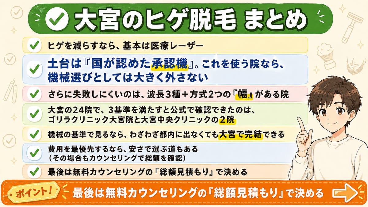 大宮のヒゲ脱毛の要点7つをチェックで並べ、最後は無料カウンセリングの総額見積もりで決めるとまとめた図