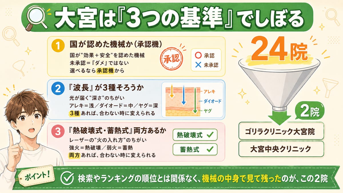 承認機・波長3種・熱破壊式と蓄熱式の3基準で24院をじょうごで絞り、残った大宮の2院を示した図