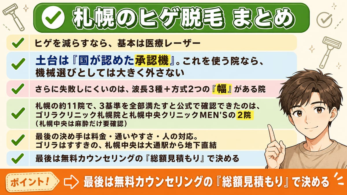 札幌のヒゲ脱毛は承認機で選びゴリラ（すすきの）と札幌中央（大通・地下直結）が残る、料金・通いやすさと見積もりで決める要点のまとめ図
