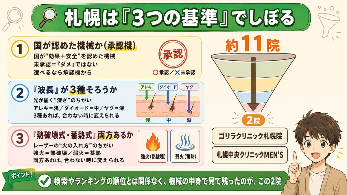 承認機・波長3種（アレキ/ダイオード/ヤグ）・方式2つの3基準で札幌の約11院をしぼり、2院が残る流れの図