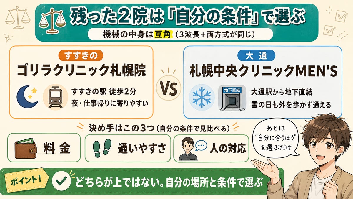 札幌で残ったゴリラ（すすきの）と札幌中央（大通・地下直結）の2院を、料金・通いやすさ・人の対応で見比べて決めるとまとめた図