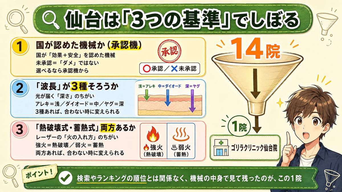承認機・波長3種（アレキ/ダイオード/ヤグ）・方式2つの3基準で仙台の14院をしぼり、ゴリラ1院が残る流れの図