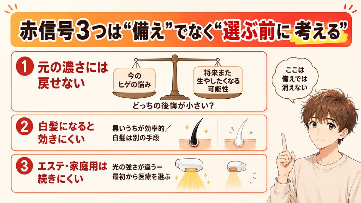 ヒゲ脱毛で選ぶ前に考えたい3つ(不可逆・白髪・手段選び)を天秤で示した図