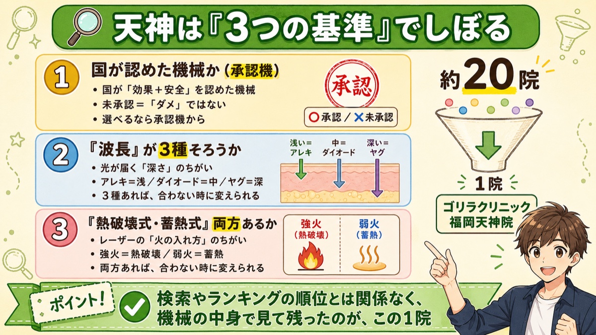 承認機・波長3種(アレキ/ダイオード/ヤグ)・方式2つの3基準で天神の約20院をしぼり、ゴリラ1院が残る流れの図