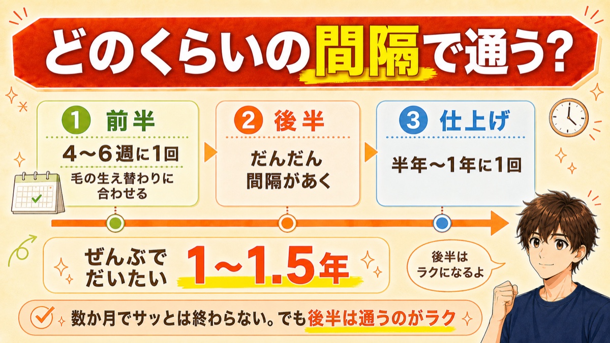 ヒゲ脱毛に通う間隔と期間の目安(前半4〜6週・仕上げは年1〜数回・全体1〜1.5年)を示したタイムライン図