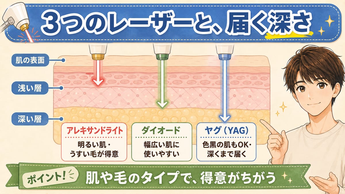 肌の断面図で、アレキサンドライト(浅め・明るい肌や色のうすい毛が得意)、ダイオード(中くらい・幅広い肌に使いやすい)、ヤグ(YAG)(深い・色黒の肌にも使いやすく深くまで届く)の3つのレーザーが届く深さの違いを示した図解