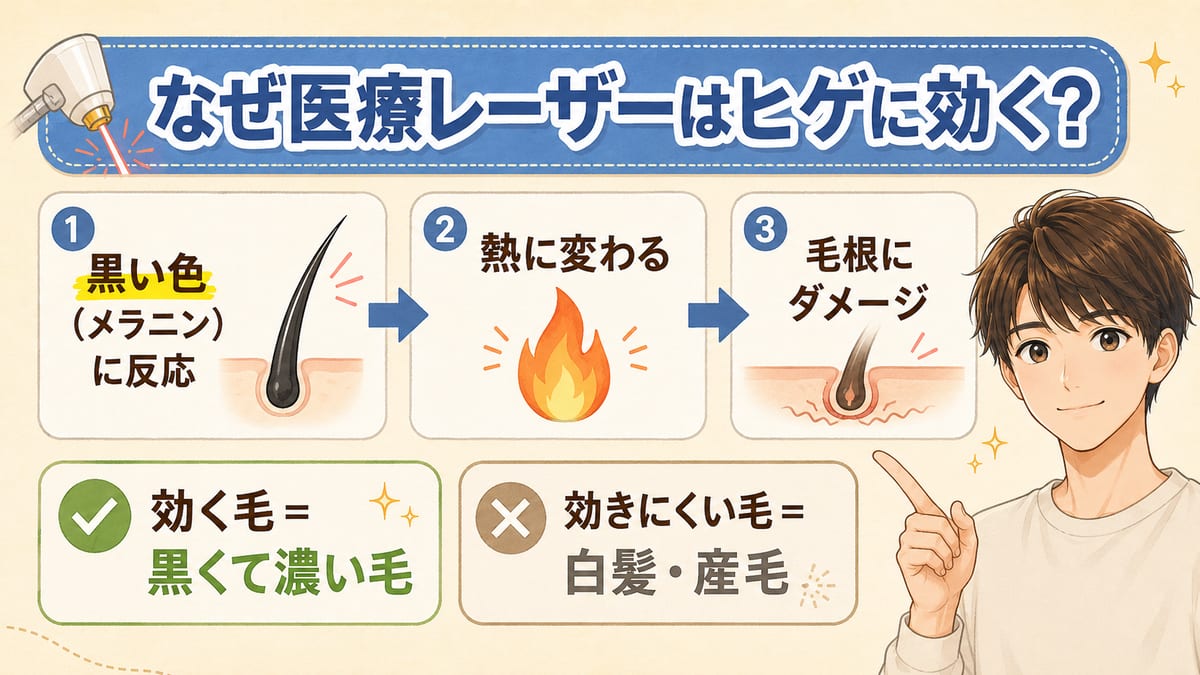 医療レーザーが毛の黒い色(メラニン)に反応し、熱に変わって毛根にダメージを与える仕組みを示す見出し画像