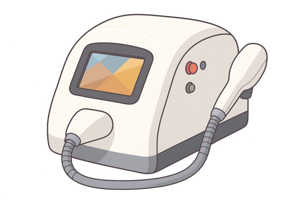 医療レーザー脱毛機器のイラスト。白を基調とした本体とハンドピースが描かれているアニメ調デザイン
