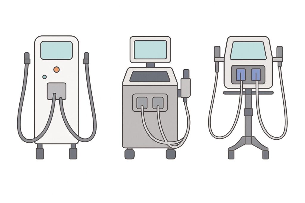 医療レーザー脱毛で使用される3種類の機器を並べたアニメ調イラスト
