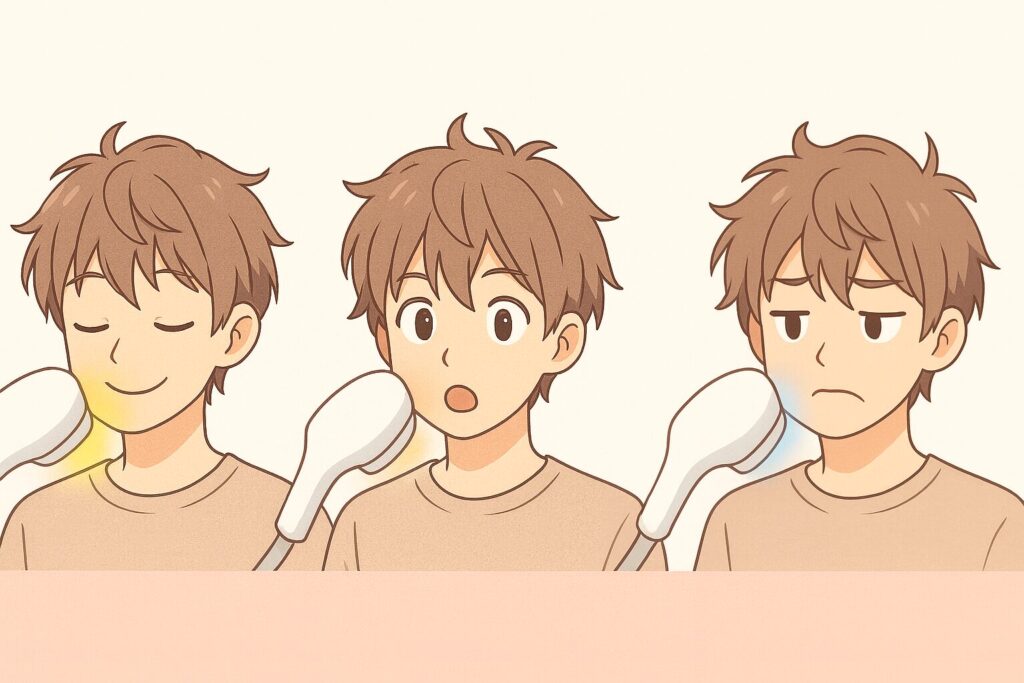 SHR・IPL・医療レーザーの痛みを表情の違いで比較したアニメ調イラスト。脱毛機の光の色の違いで刺激の強さを示している。
