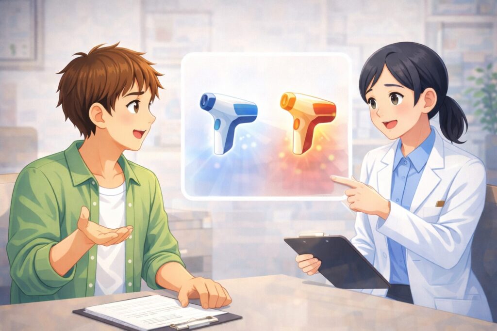 施術前に機種の希望を相談する男性